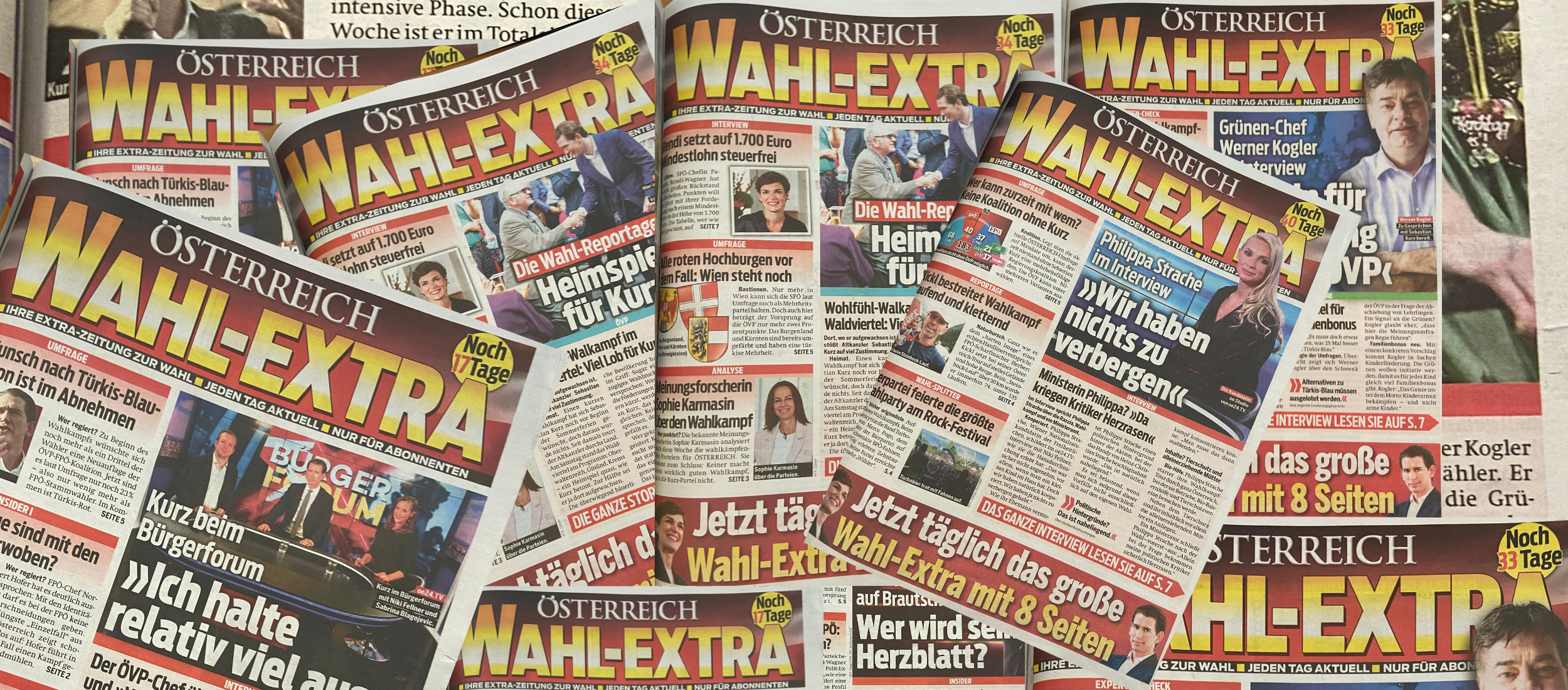Kollage aus Covern des Wahl-Extras der Tageszeitung „Österreich“